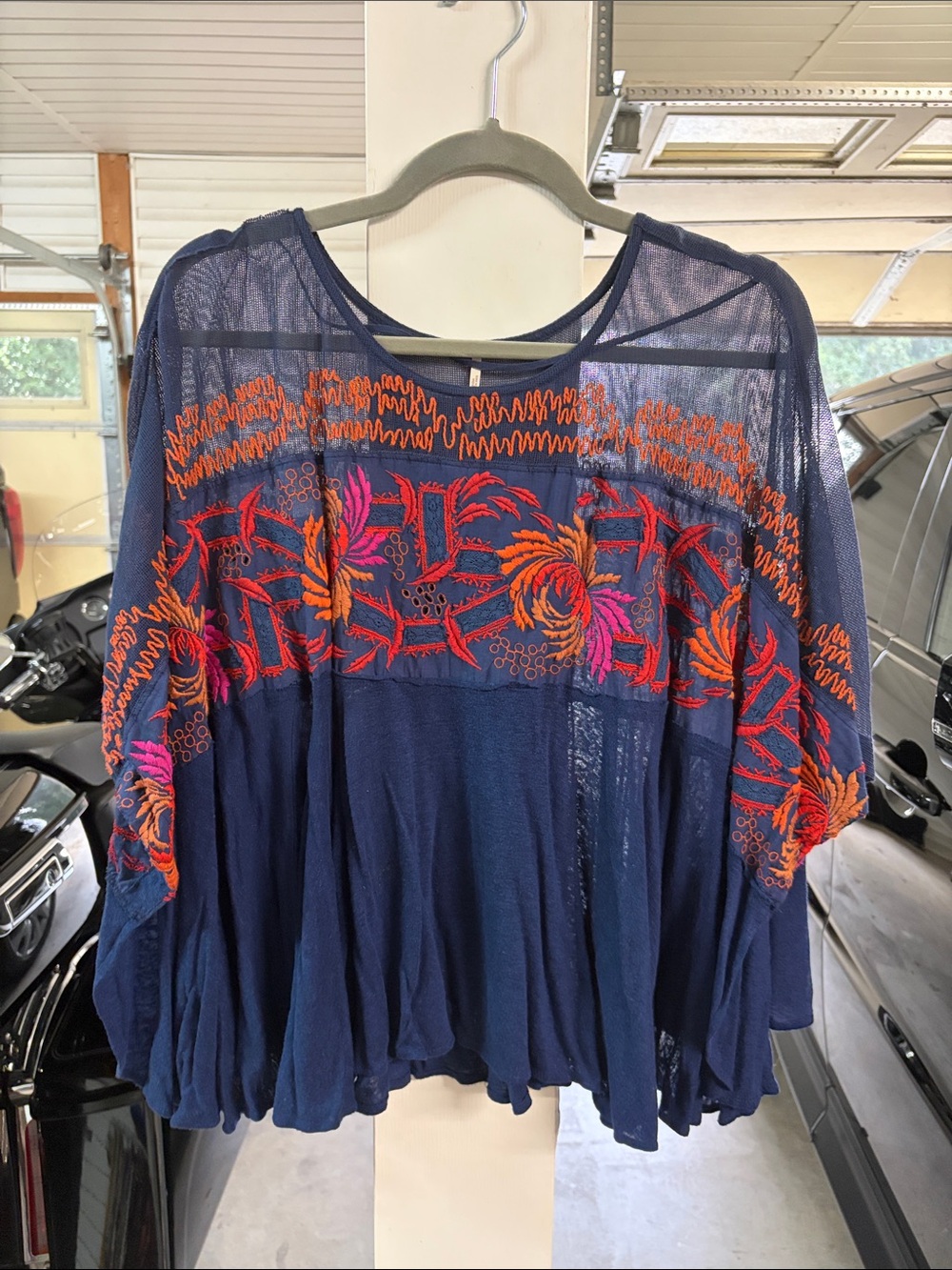 Free People Navy Boho Mesh Top with Orange & Pink Embroidery